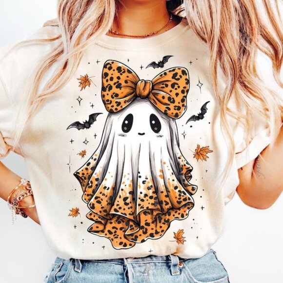 Halloween Leopard Spooky Coquette T-shirt, Retro Leopard Ghost Shirt - Picture 1 of 3